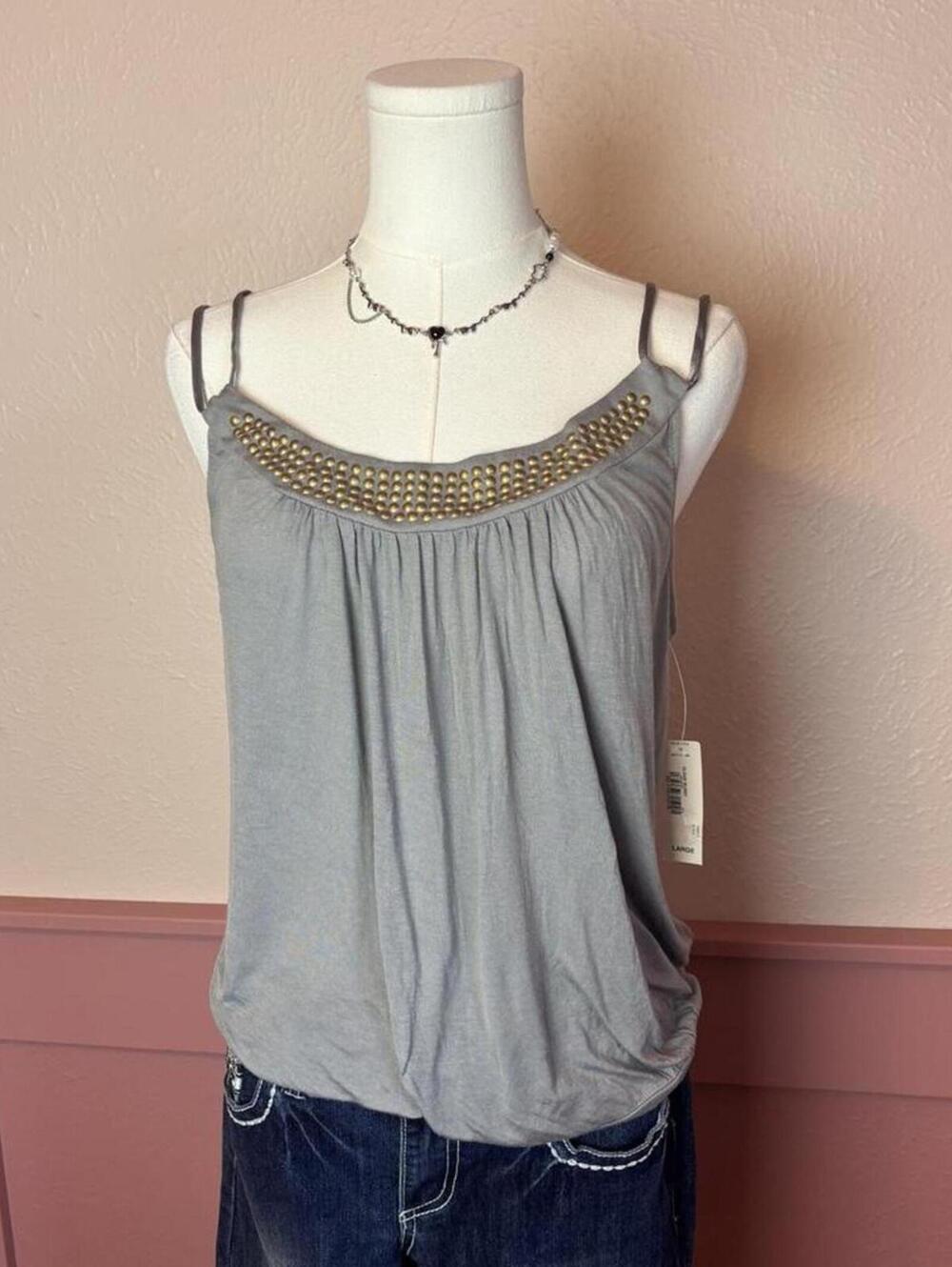 grunge studded cami top decree nwt grey sz large rayon gyaru vsvo biker y2k